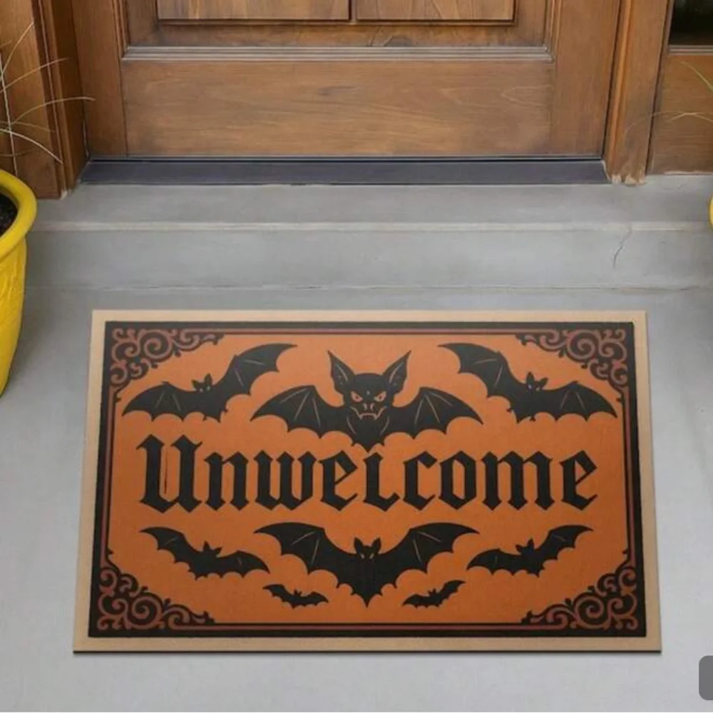Halloween 'Unwelcome' Bat Doormat - Orange and Black